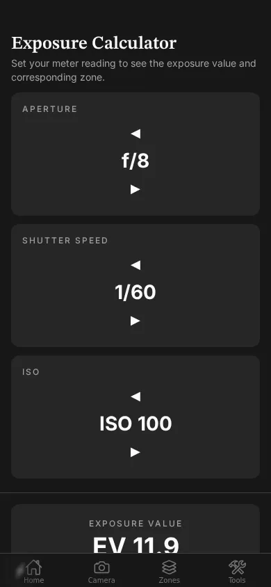 Exposure Calculator screen