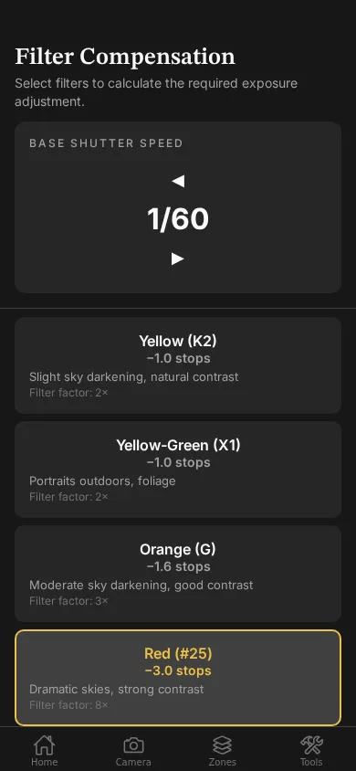 Filter Compensation screen